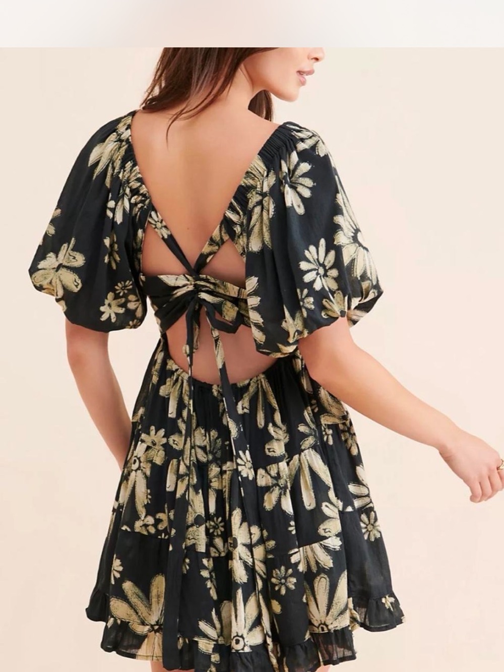 Free people blue & Gold Floral Tie-Back Mini Dress